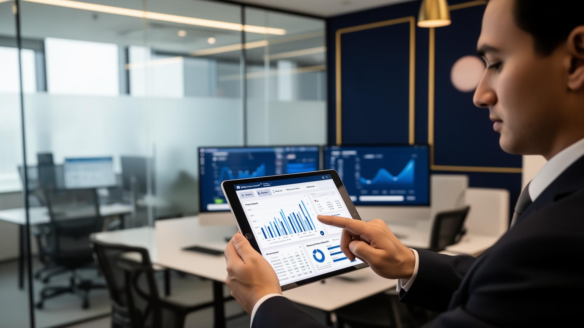 Chartered accountants reviewing financial dashboards at PVA Consultants office